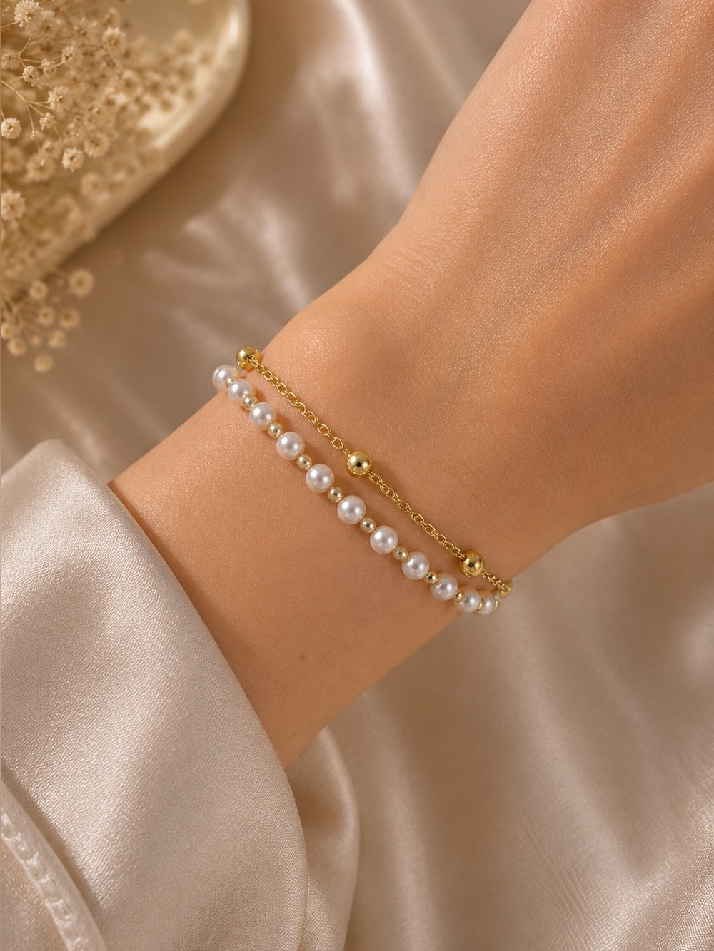 #187 Stainless Steel Faux Pearl & Rhinestone Bracelet Gold Beads